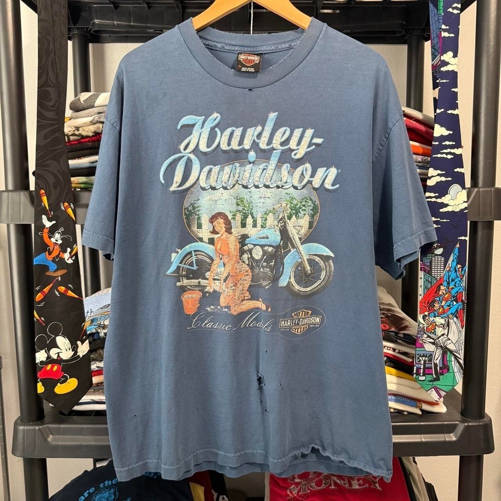 Vintage Harley Davidson T Shirt Mens XL Blue Thrashed 2000s Bahamas Pinup